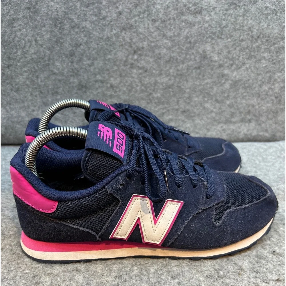 New Balance 500 Navy Blue Pink Suede Mesh Running Shoes Sneakers Womens Size 9